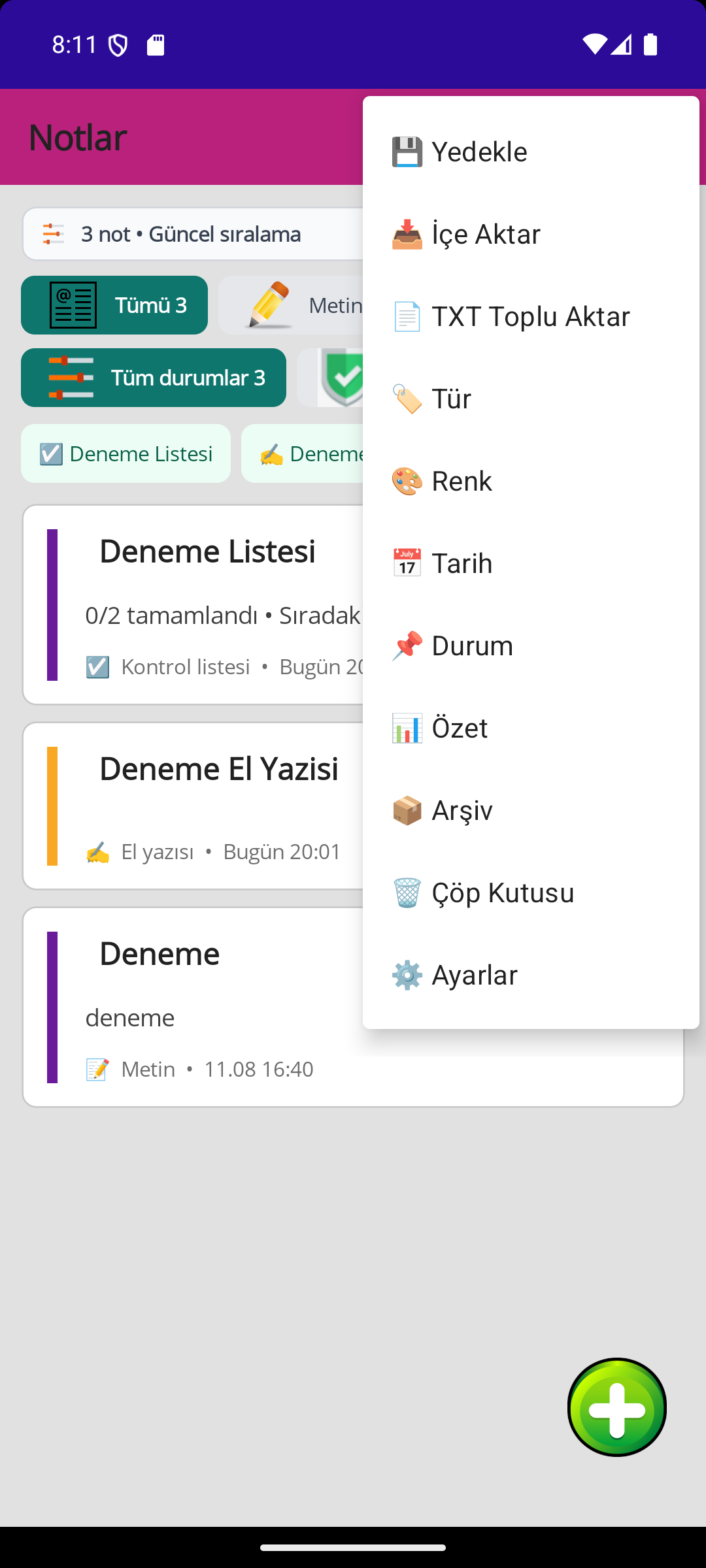 Ana menü ekranı