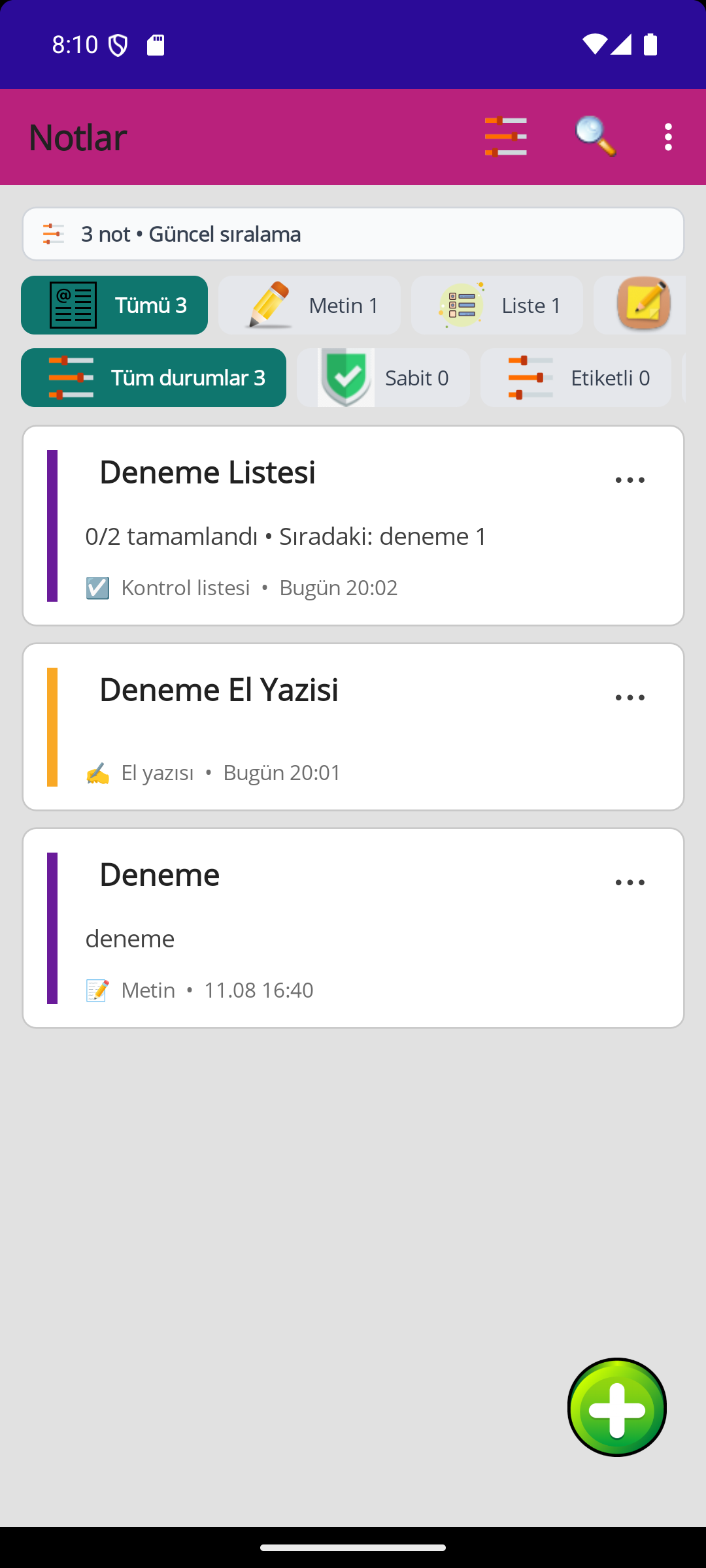 Tüm notlar ekranı