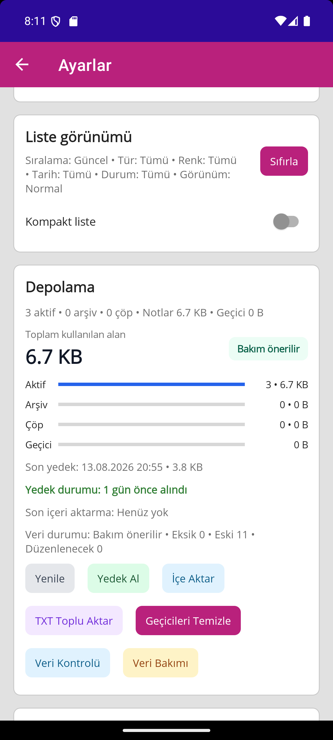 Ayarlar ekranı